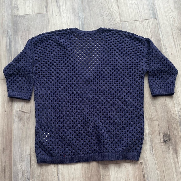 Navy Knit Crochet Sweater Top Short Sleeve/ 3/4 Sleeve - Picture 2 of 7